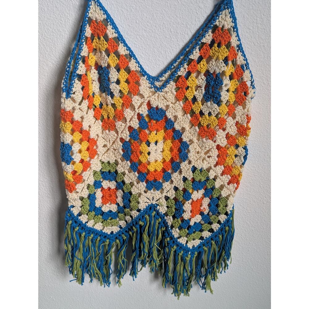 Handmade Multicolor Crochet Fringe Tank Top - Blue Trim - Picture 7 of 9
